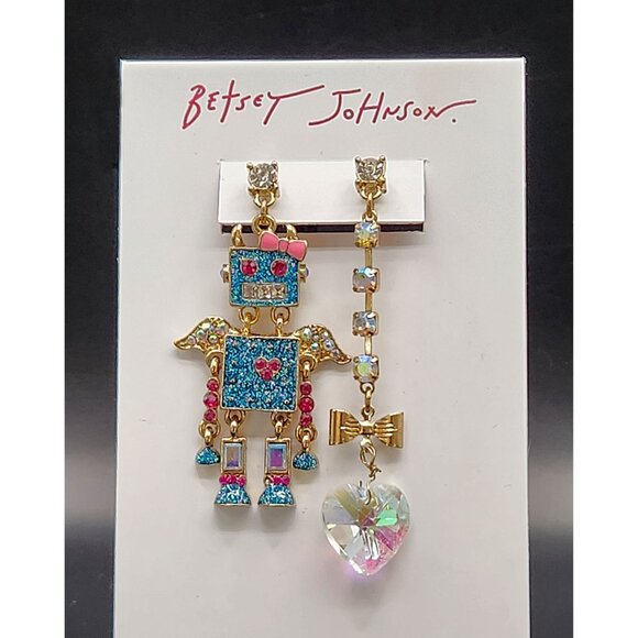 Betsey Johnson Mismatched Blue Glitter Robot Earrings Extremely Rare Collectors - Picture 10 of 11